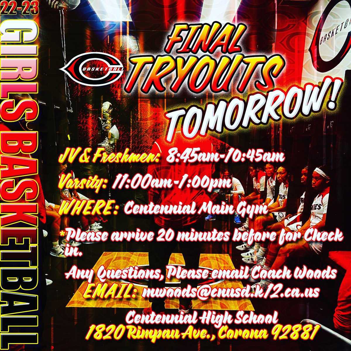 TOMORROW is it!! Tryouts for the 22-23 girls basketball season for our Lady <a href="/Cen10Huskies/">Centennial HS, CNUSD</a> Please DM if you have any questions. #cen10basketball🏀 #cen10 #the10 #letsgo🔴⚫️