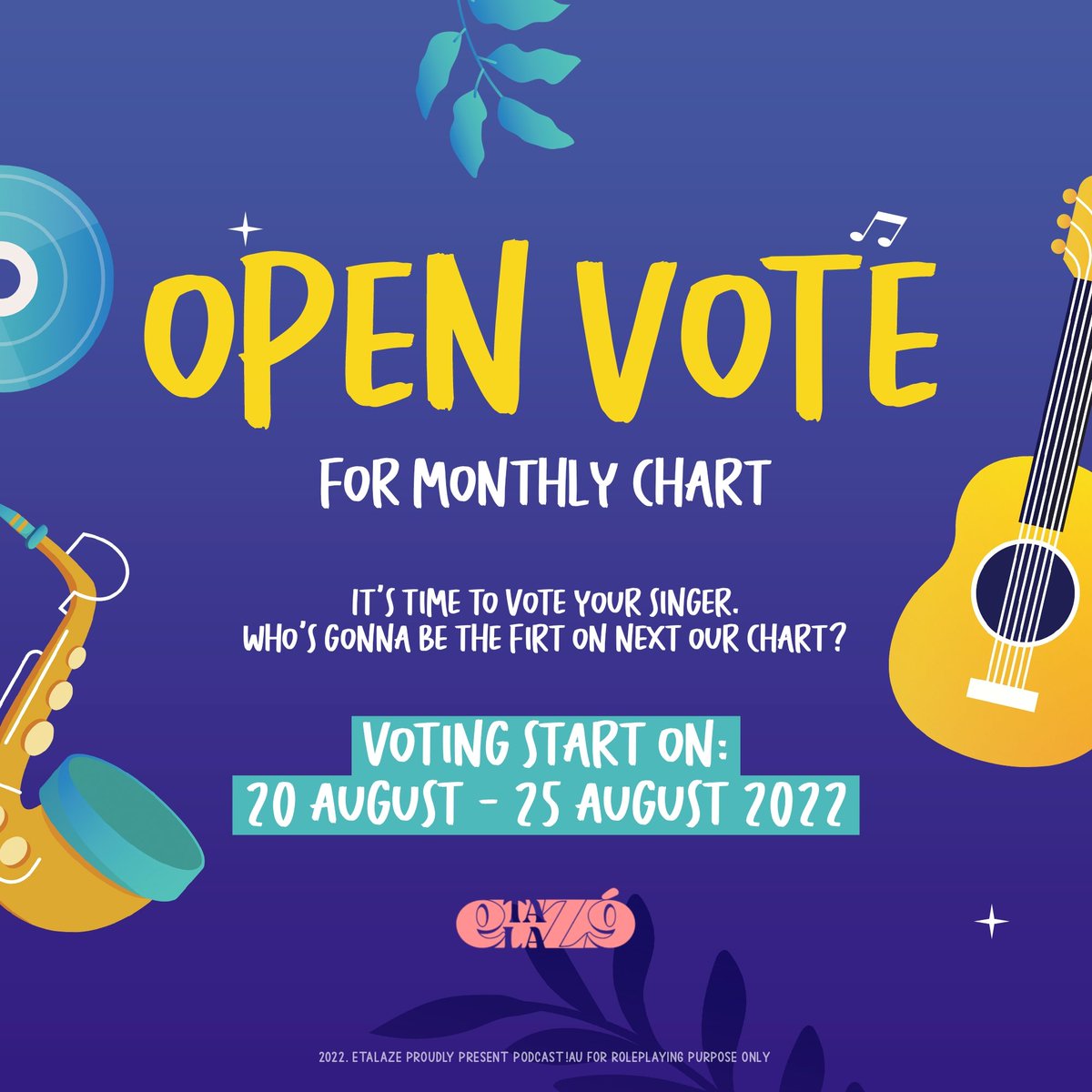 thetalaze's tweet photo. ️️ ️️

️️ ️️️️
     𝐄𝐓𝐀𝐋𝐀𝐙É OPEN VOTE
     ─────────── ⊹ ⊹ ⊹
     Ready to vote for the next chart?
     
️️ ️️
️️ https://t.co/aOKiYEc8Wd