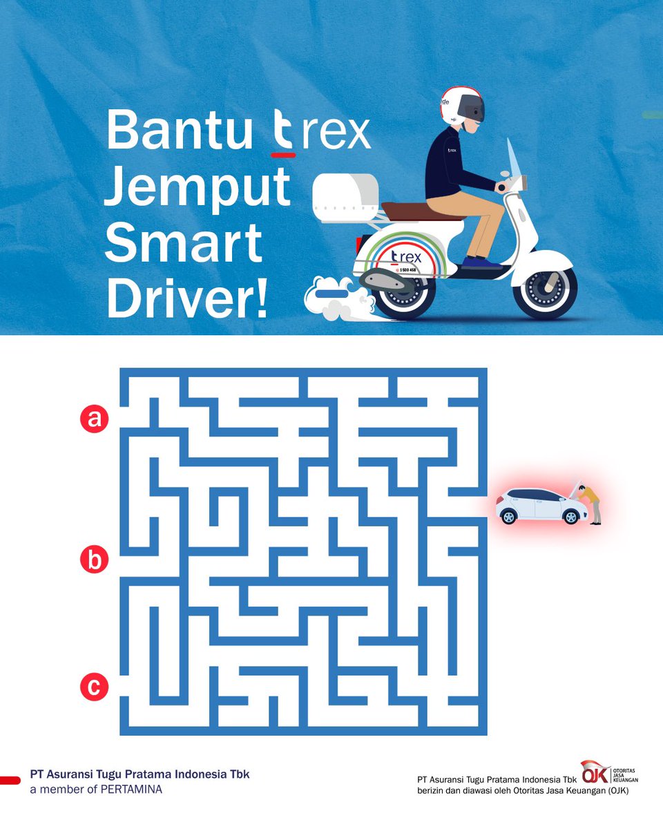 mytdrive_id's tweet photo. Wah, ada mobil mogok nih. Motor t rex harus segera datang untuk pertolongan pertama, tapi lewat jalan yang mana ya? Jawaban yang benar bisa dapetin hadiah saldo elektronik senilai total 400k untuk 4 orang pemenang beruntung. https://t.co/uDZEfJT8Dt