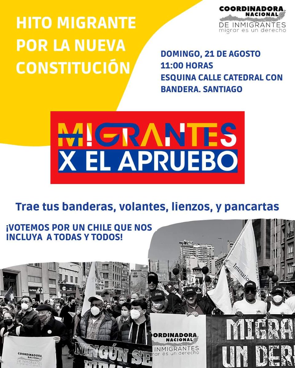 MigrantesChile's tweet photo. En un acto intercultural, 🌎 nos encontraremos este fin de semana, para agitar nuestras banderas por una #nuevaConstitución para Chile. 
🗓DOMINGO, 21 DE AGOSTO
✔️11:00 HORAS
📍Esquina Calle Catedral con Bandera, SANTIAGO 
#Apruebo #AprueboDeSalida https://t.co/LFKB5qoKAD