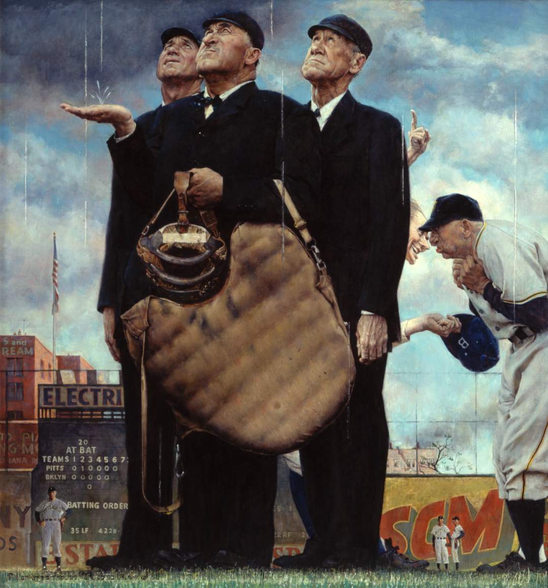 #OTD in 1941 Umpire Jocko Conlan ejects #Pirates manager Frankie Frisch from the 2nd game of a doubleheader when he appears with an umbrella to protest playing conditions at Ebbets Field. The argument is later portrayed in a famous oil painting by artist Norman Rockwell.#baseball