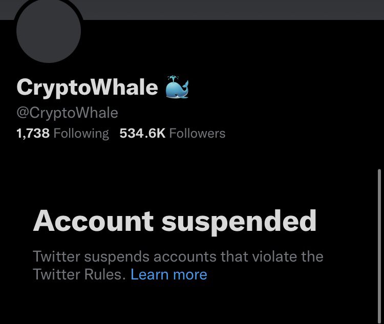 🚨BREAKING UPDATE: CryptoWhale Has Been Suspended by Twitter! 

LAW &amp; ORDER!!