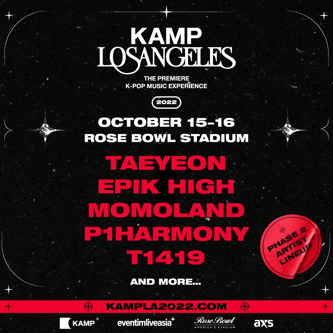 npomvtt's tweet photo. Foi anunciada a 2ª line-up do "KAMP LOS ANGELES 2022":

Taeyeon (Girls' Generation)
Epik High
MOMOLAND
P1Harmony
T1419

O festival de K-Pop ocorrerá nos dias 15 e 16 de outubro no Rose Bowl Stadium, na Califórnia. https://t.co/06zDHon7AI
