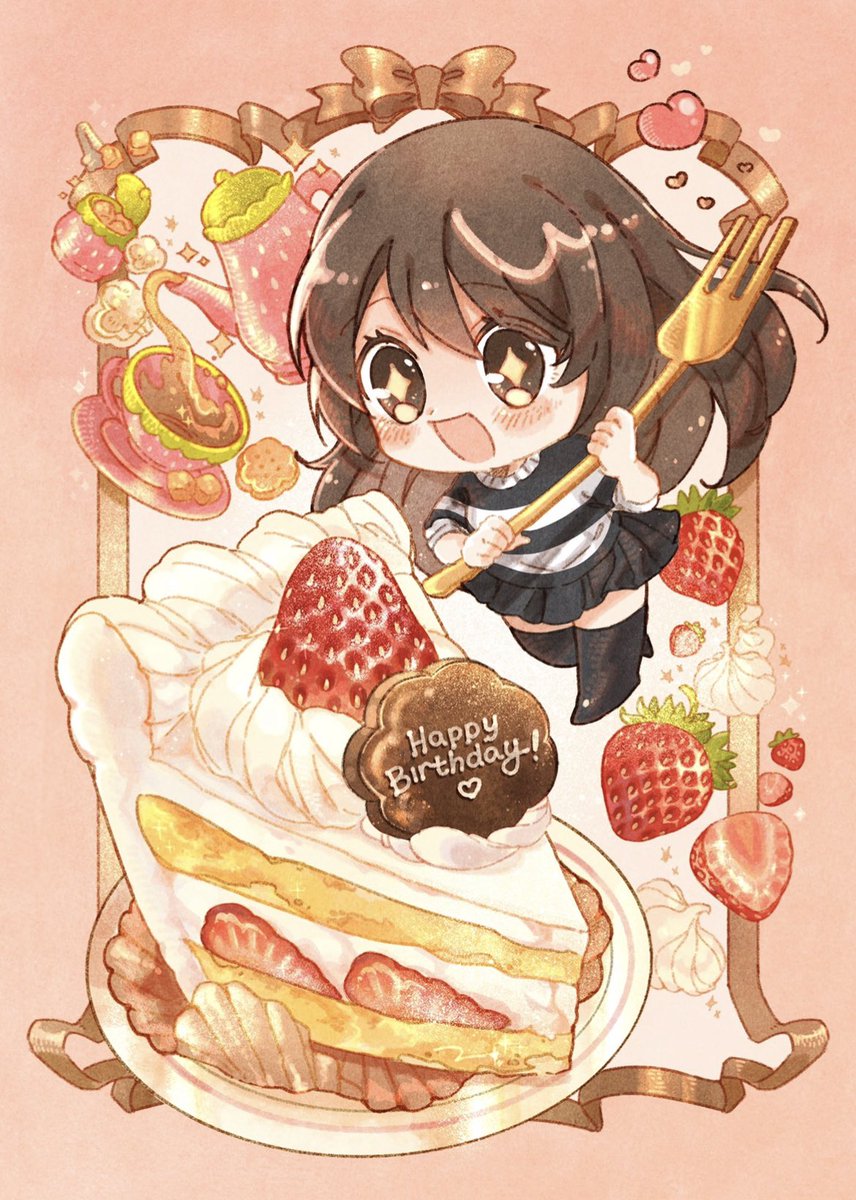 1girl strawberry food cake fork fruit solo  illustration images