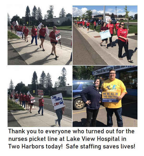 NorthwoodsWork1's tweet photo. The nurses at the Lake View Hospital in Two Harbors held an informational picket today.  It was called by the MN Nurses Association to draw attention to the short staffing and inadequate compensation.  Thank you to everyone who turned out!
#safestaffingsaveslives  #MNAready https://t.co/xZpLp1AerR