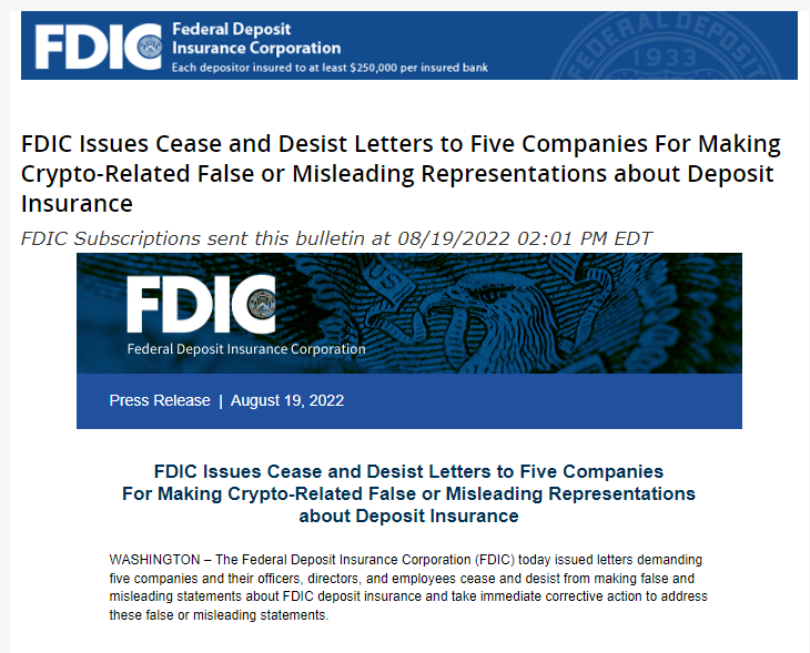 CryptoBTC_Chris's tweet photo. FTX Exchange got a cease and desist letter from the FDIC for misleading statements concerning Deposit Insurance. https://t.co/7NBkXF4GxZ