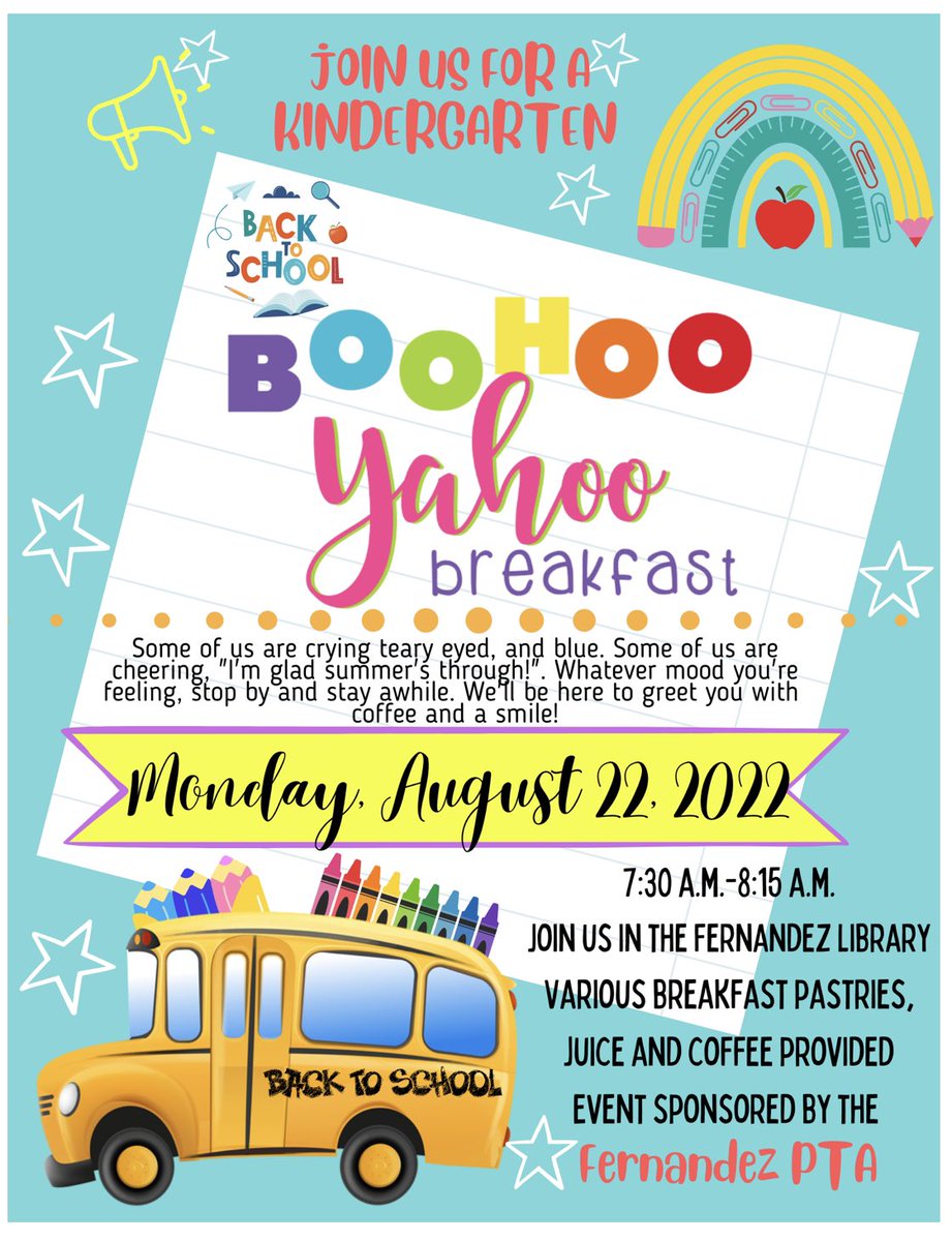 Fernandez Elementary (@nisdfernandez) on Twitter photo The first day of school will be cheers or tears for our <a href="/NISDFernandez/">Fernandez Elementary</a> kinder parents and we got them covered! Kinder parents are invited to stop by our annual 1st Day of School BooHoo Breakfast!🐾🚌✏️ <a href="/NISD/">Northside ISD</a> The first day of school will be cheers or tears for our <a href="/NISDFernandez/">Fernandez Elementary</a> kinder parents and we got them covered! Kinder parents are invited to stop by our annual 1st Day of School BooHoo Breakfast!🐾🚌✏️ <a href="/NISD/">Northside ISD</a>