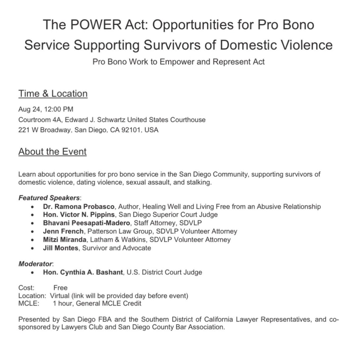 sandiegofba's tweet photo. 📆 We are delighted to announce two free events  highlighting pro bono opportunities for attorneys in the Southern District.📍Click through the photos for more info, &amp; RSVP today via the links in our bio.
#SanDiegoFBA #FBASD #SDLaw #SanDiegoLawyers #FederalBarAssociation #DoGood https://t.co/5fs07hQ6gp