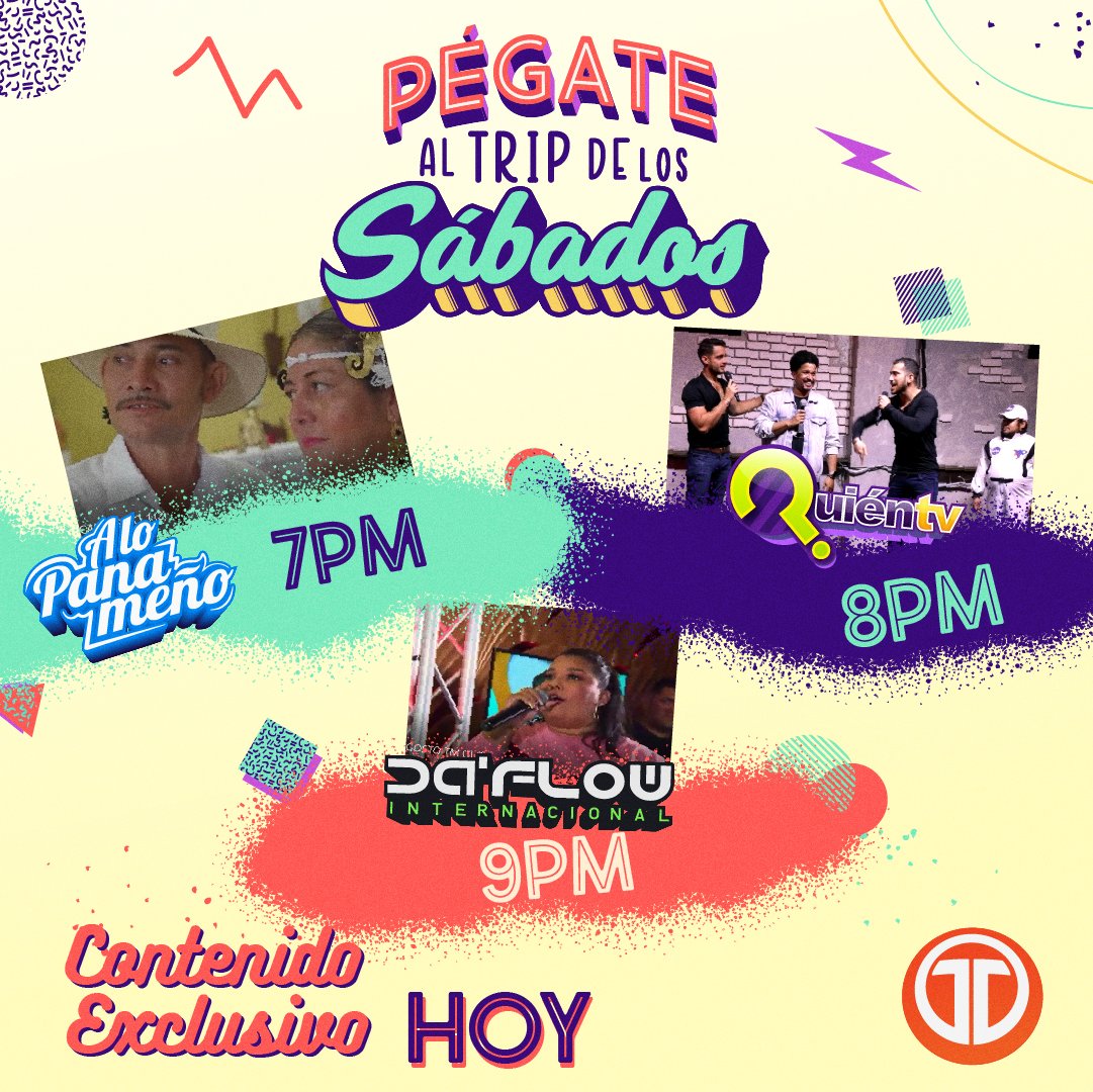 Telemetro's tweet photo. 💥¡HOY!💥 Pégate al Trip de los sábados iniciando a las 7pm 🕐 con @alopanameno 😎 seguido por #QuienTv y finalizando con @daflowinternacional por 👉 @telemetro 📺 https://t.co/NI7mUFvung