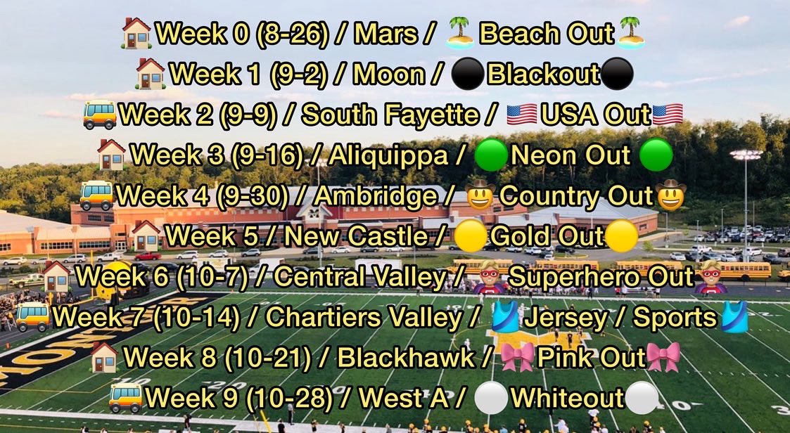 Get up Montour…  IT IS FOOTBALL SEASON‼️ Here are the themes for this year’s football games.  The season kicks off a week from today, so make sure you are ready to show up and get rowdy‼️