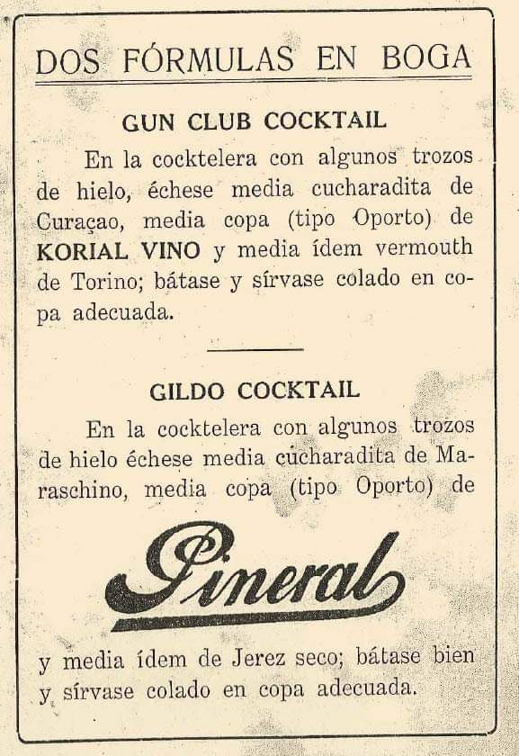 GUN CLUB COCKTAIL y GILDO COCKTAIL publicado en el Manual del Barman de ANTONIO FERNANDEZ en 1924 con Pineral