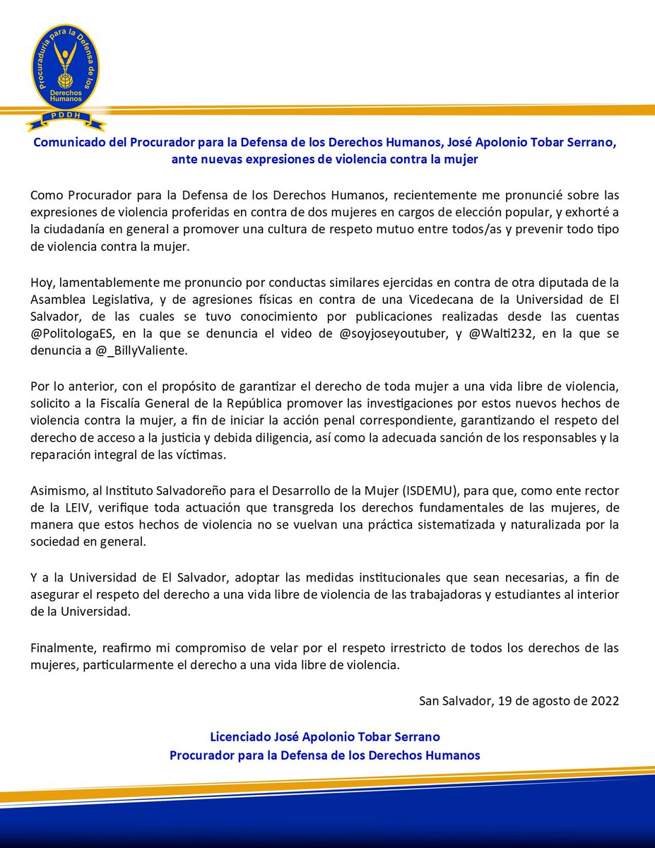 Comunicado del #ProcuradorDDHH  #ApolonioTobar ante nuevas expresiones de violencia contra la mujer.