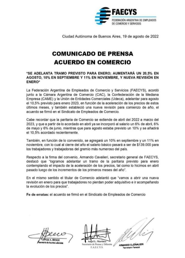 Compañeros/as, les comparto el comunicado de la #FAECYS sobre el nuevo acuerdo paritario para los/as empleados/as de comercio de todo el país.

#SoyComercio #SoySEC