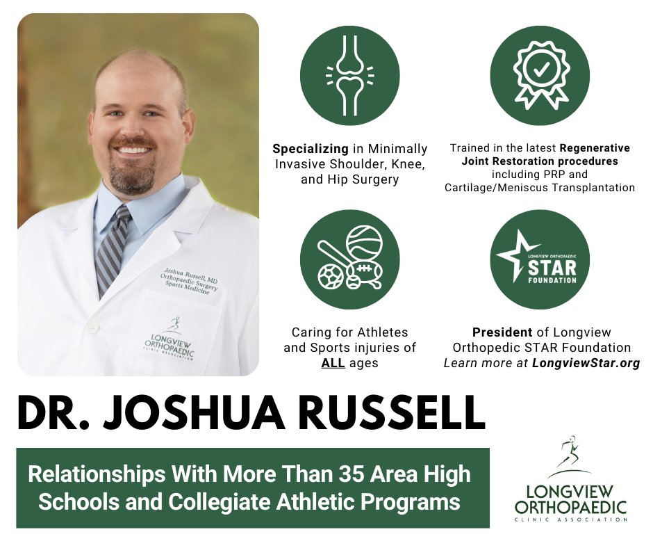 Dr. Joshua Russell is Longview's only full-time, fellowship-trained sports medicine surgeon after September 1st. Don't trust your care to the rest when you can have the best.  

Dr. Russell is accepting new patients from all schools. Schedule today!