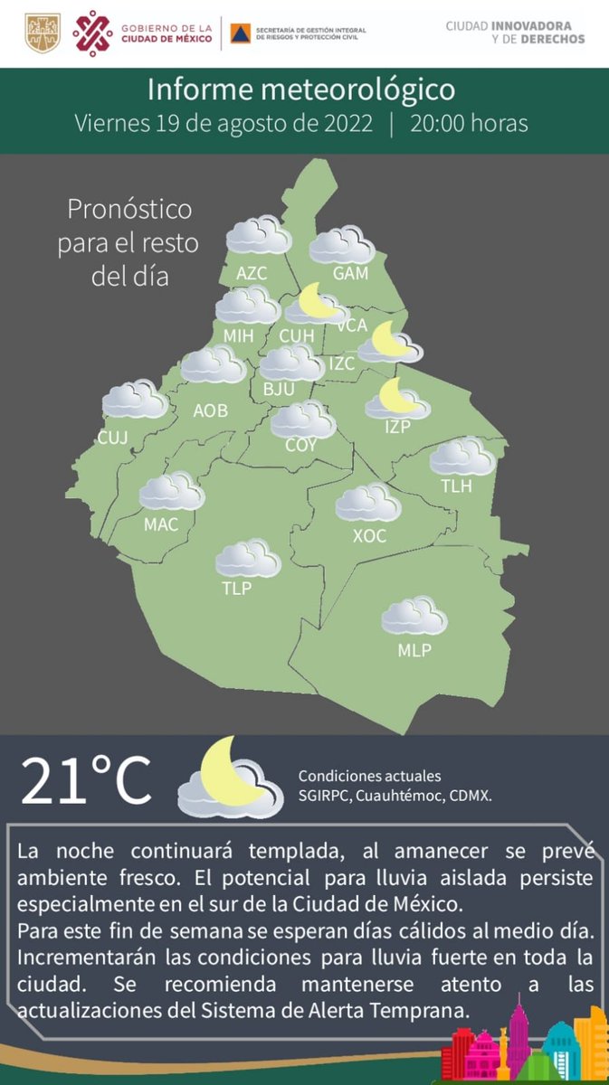 SGIRPC_CDMX's tweet photo. La noche continuará #templada, al amanecer se prevé ambiente #fresco. El potencial para #lluvia aislada persiste, especialmente en el sur de la ciudad. Mantente informado. #PronósticoDelTiempo #LaPrevenciónEsNuestraFuerza https://t.co/a0KSaO3NGb