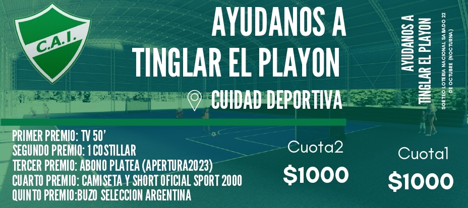 🙌 Vamos por el tinglado en el playón y necesitamos de todos

👉 Ya está disponible en la Sede Social el bono contribución para la obra en la Ciudad Deportiva.

Sortea el 22/10, se puede pagar en dos cuotas y hay grandes premios. Sé parte de esta historia 💚