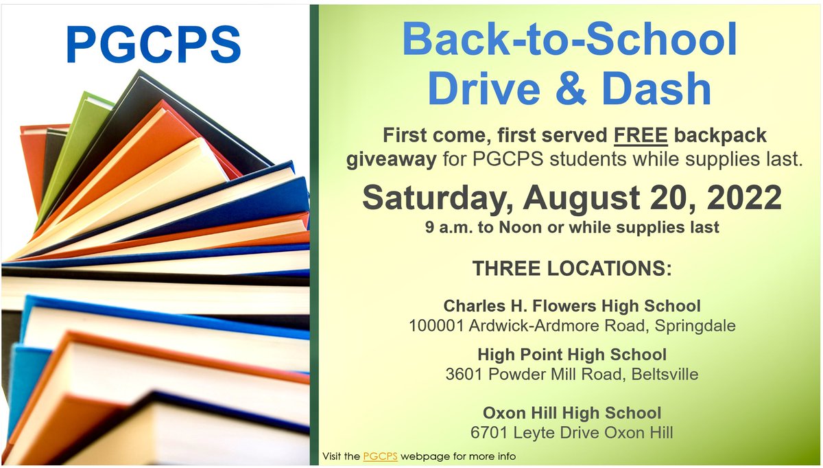 Free backpacks available tomorrow for PGCPS students while supplies last. First come, first served…🎒 See details below.