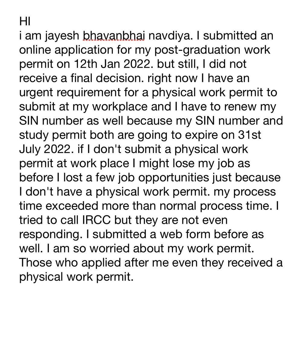 jayeshnavadiya1's tweet photo. @SeanFraserMP @JustinTrudeau @CitImmCanada i have applied on 12th January 2022 for PGWP. But still there is no update on my application. I submitted multiple webform and by call regarding my concern and did not get proper response. https://t.co/OevVR1VK8t