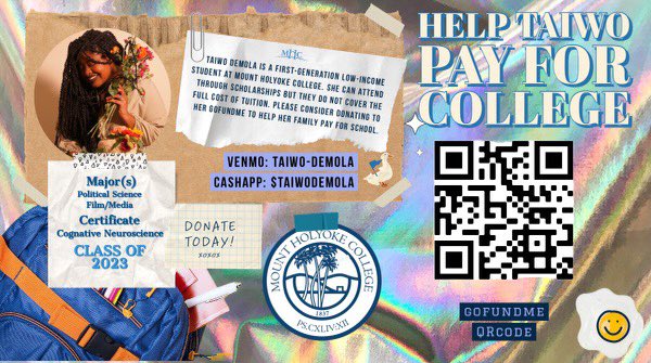 msmegalodon's tweet photo. my close friend taiwo needs help paying her college tuition! mount holyoke college does not provide adequate financial support for low income students, so direct mutual aid like this is extremely important. link to her g0fundme in the replies! https://t.co/EvXBzMDuen