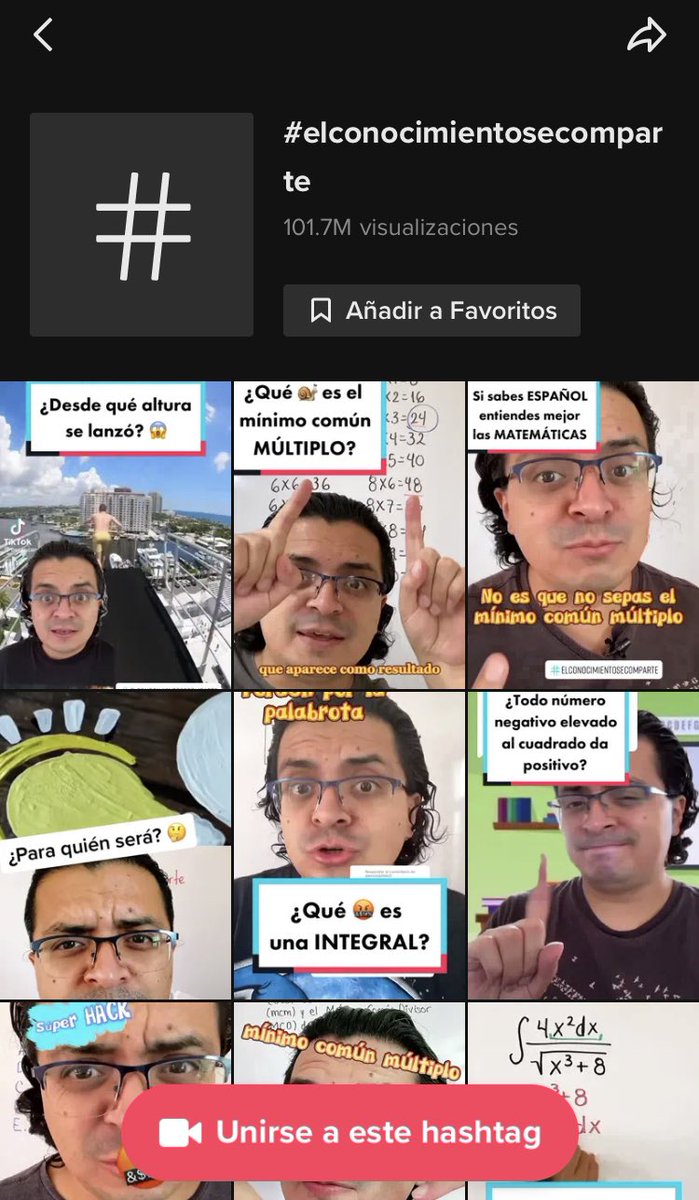 Mi #ElConocimientoSeComparte ya tiene más de 100M de views en TikTok. Puedes ver TODOS mis videos con ese # aquí:
vm.tiktok.com/ZMNnm31cd/
Y ya de paso puedes seguirme en TikTok si aún no lo haces 🤗
