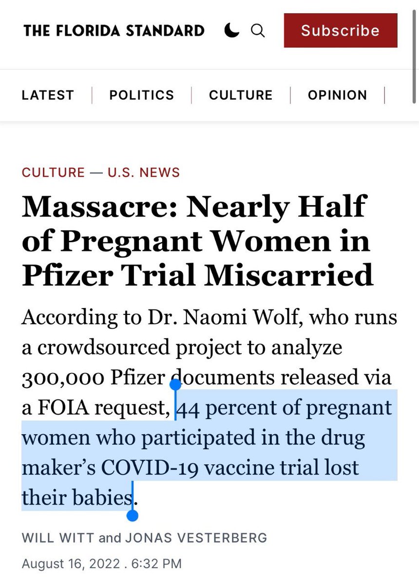 Thunderace4's tweet photo. Pfizer document dump ordered by a judge to be released pursuant to FOIA showed that 44% of pregnant women in the COVID-19 vaccine trial lost their babies. That’s significantly above normal miscarriage rate. 

FDA &amp; CDC told pregnant women to take the shot. https://t.co/P9xJKnKmDd