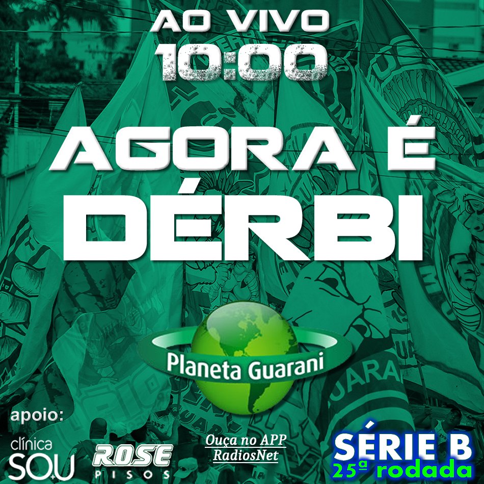 É SÓ CLICAR: radios.com.br/play/118254
CHEGOU A HORA DE MAIS UM DÉRBI! A Rádio Planeta Guarani vem ao vivo TORCENDO MUITO por mais uma vitória Bugrina que vale pela RIVALIDADE e pelo CAMPEONATO! Venha viver essa experiência curtindo de TORCEDOR pra TORCEDOR, vamos juntos!!!