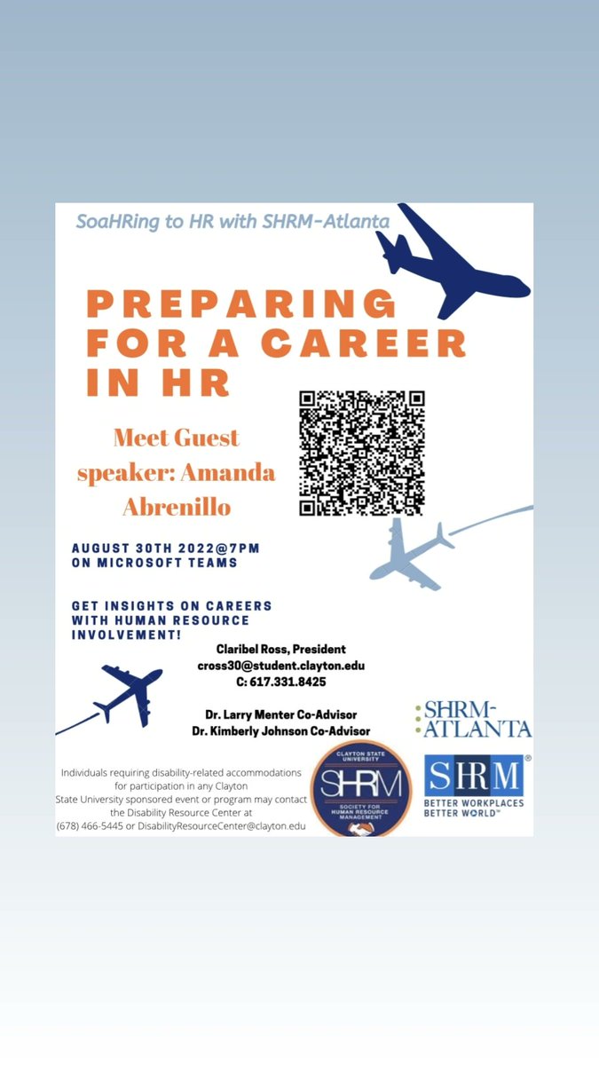 CSU_SHRM's tweet photo. Hi Everyone,

Please join us for the first meeting of the Fall 2022 Semester, where we welcome guest speaker Amanda Abrenillo from SHRM-Atlanta. https://t.co/J7VS3tsz9z