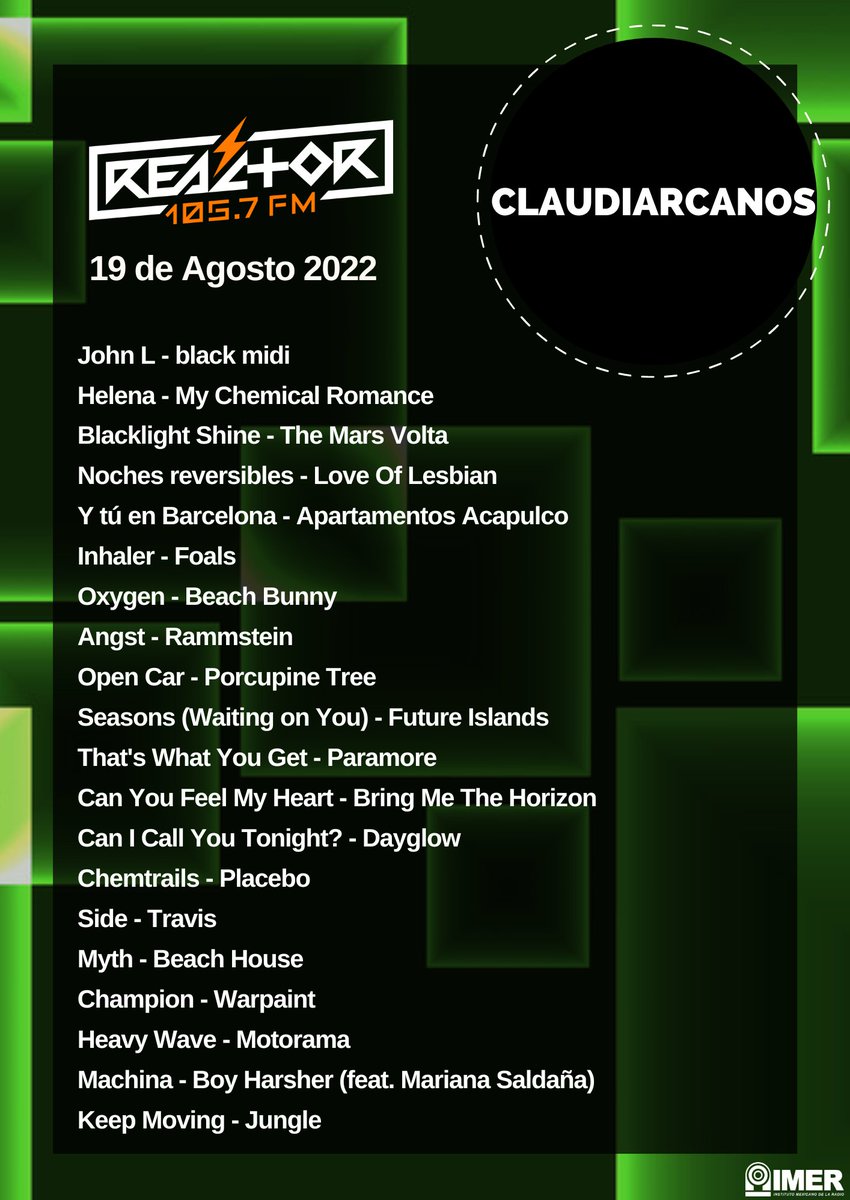 Reactor105's tweet image. Les compartimos la playlist con la que @corelis los acompañó este viernes 19 de agosto de 18 a 20 horas en esta entrega especial de #ClaudiArcanos 😋💿