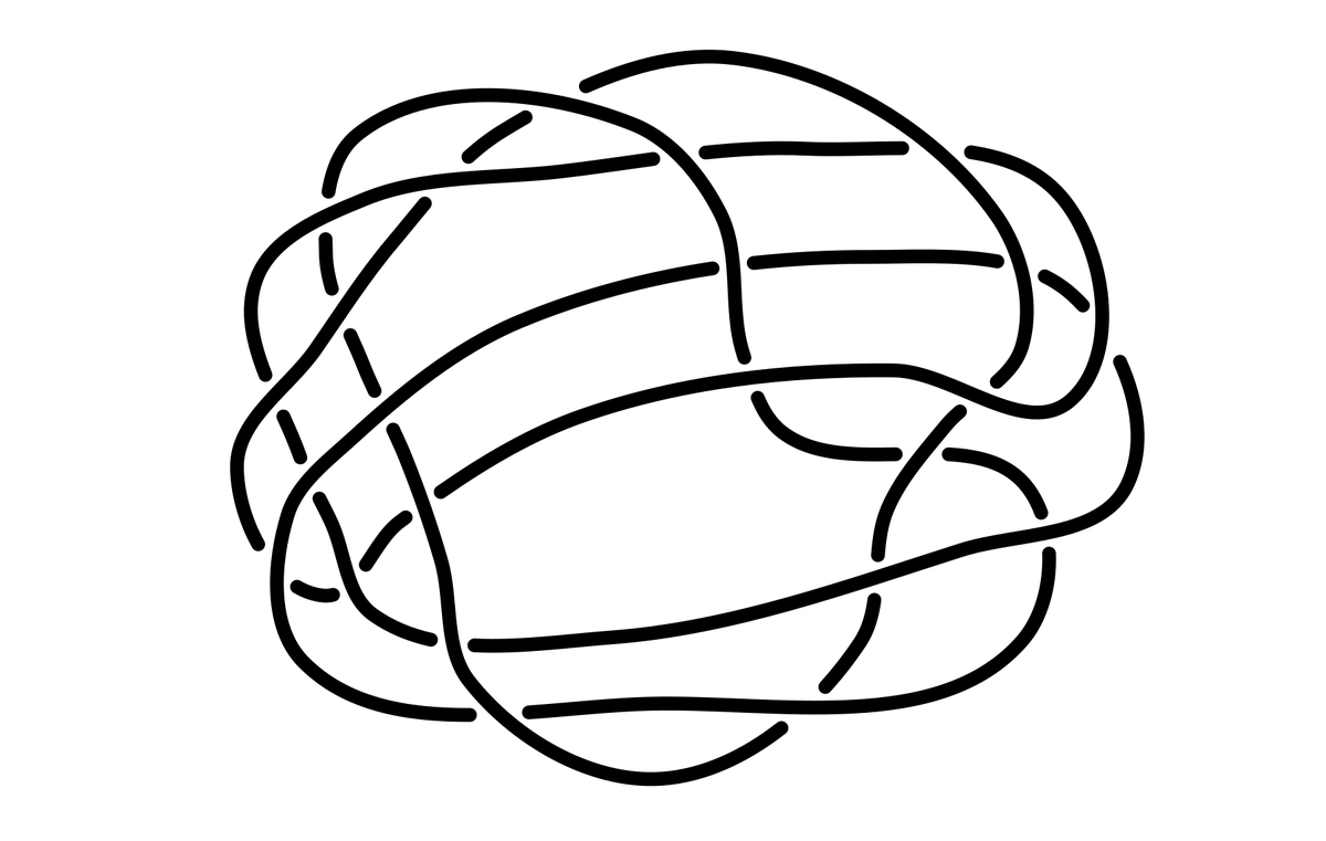 The knot K4_3. Continuing the theme of high crossing knots whose complements (the space around them) is made up of low numbers of ideal tetrahedra. This one can be built of only 4 tetrahedra.  #KnotTheory