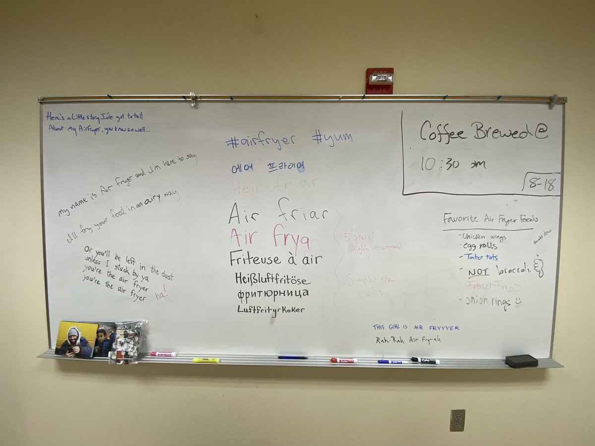 ForeverNowBecki's tweet photo. This board is in my lunchroom at work (@NeighbHouseMN). We clearly love our air fryers… but we don’t actually have one at work 😂 we specifically all agree that @NinjaKitchen has the best. Anyone want to help us nonprofit workers out and donate a air frya!? https://t.co/VvweZJkWnt