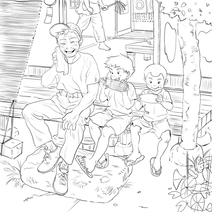 発売中の『昭和のまちがいさがし館vol.10 』のラフの一部。ラフ段階で、ほとんどの線を完成させ、色塗り前にさらに気になった線を清書しています✏️
 面倒な作業ですが、線が好きなので苦になりません😁 