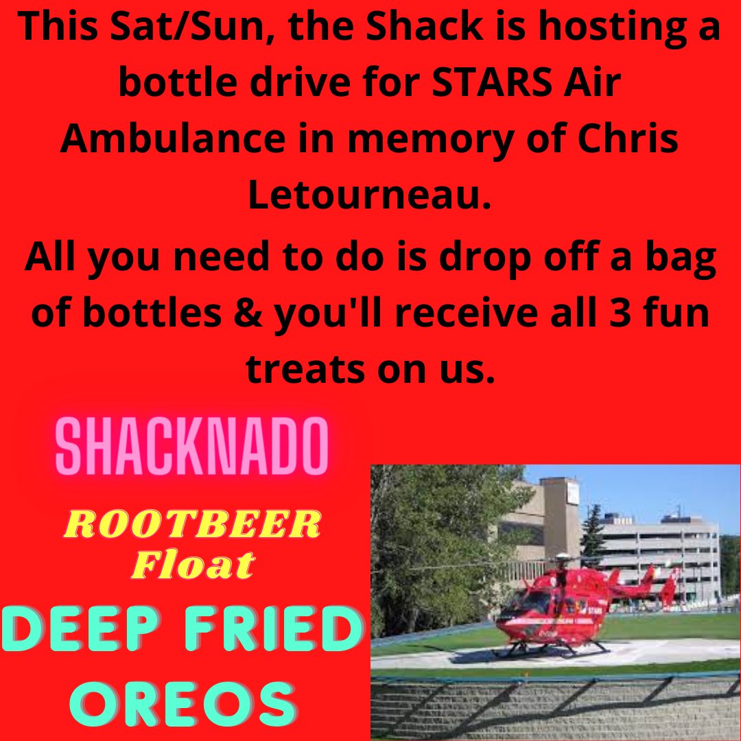 Who doesn't love carnival food😋? All you need is a bag of empties to get your hands on all 3 treats on us.#shackapatate #starsairambulance #memoryofchrisletourneau