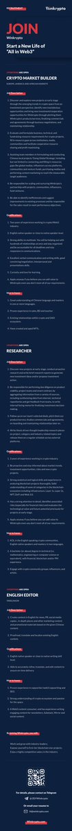 Bobo_winkrypto's tweet photo. Winkrypto Job opportunities

Collaboration: #part-time  #full-time

Positions:

1、Researcher

2、Crypto Market Builder

3、English Editor (Freelancer)

Appreciated if you can get the words out and make recommendations[太阳][太阳]

Email：Hi@Winkrypto.com https://t.co/QSxN1OvFQk