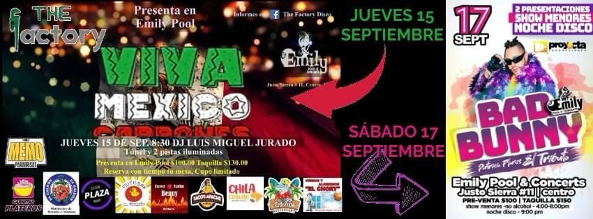EmilyConciertos's tweet photo. #NocheDisco #TheFactory jueves 15 de septiembre 🇲🇽 y tributo a #BadBunny sábado 17 de Septiembre en 2 funciones: niños y adultos #EmilyDiscoteque #EmilyPool #EmilyConciertos #Fresnillo https://t.co/8iAEv9srPn