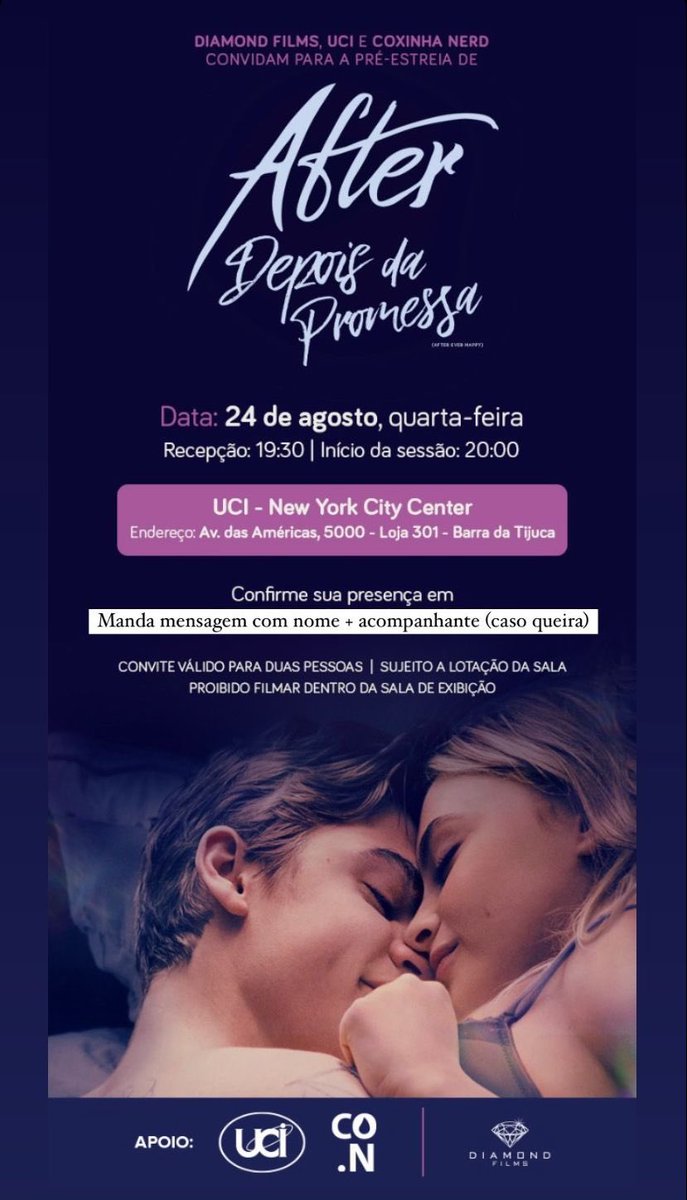 HJDailyBR's tweet photo. ATENÇÃO CARIOCAS! 💜 — Vai haver uma pré-estréia de 'After: Depois da Promessa' na Barra da Tijuca, dia 24. Pra mais informações, corre no Insta: @/geekthingsblog.

Uma ADM estará presente e queremos trazer alguns tipos de conteúdos pra vocês. Comentem o que vocês querem ver! 💫 https://t.co/TLLgsB086w
