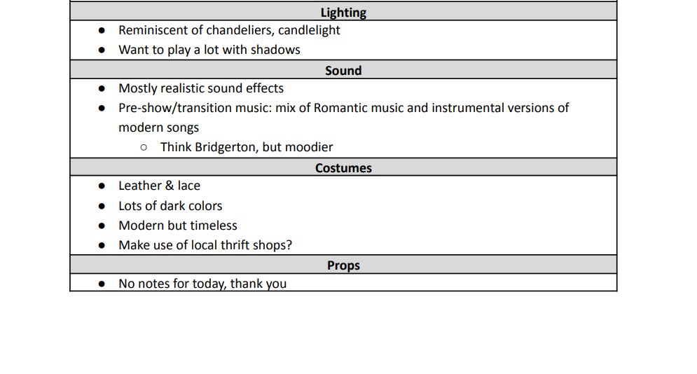 Lighting ● Reminiscent of chandeliers, candlelight ● Want to play a lot with shadows  Sound  ● Mostly realistic sound effects ● Pre-show/transition music: mix of Romantic music and instrumental versions of modern songs ○ Think Bridgerton, but moodier Costumes  ● Leather & lace ● Lots of dark colors ● Modern but timeless ● Make use of local thrift shops?  Props  ● No notes for today, thank you