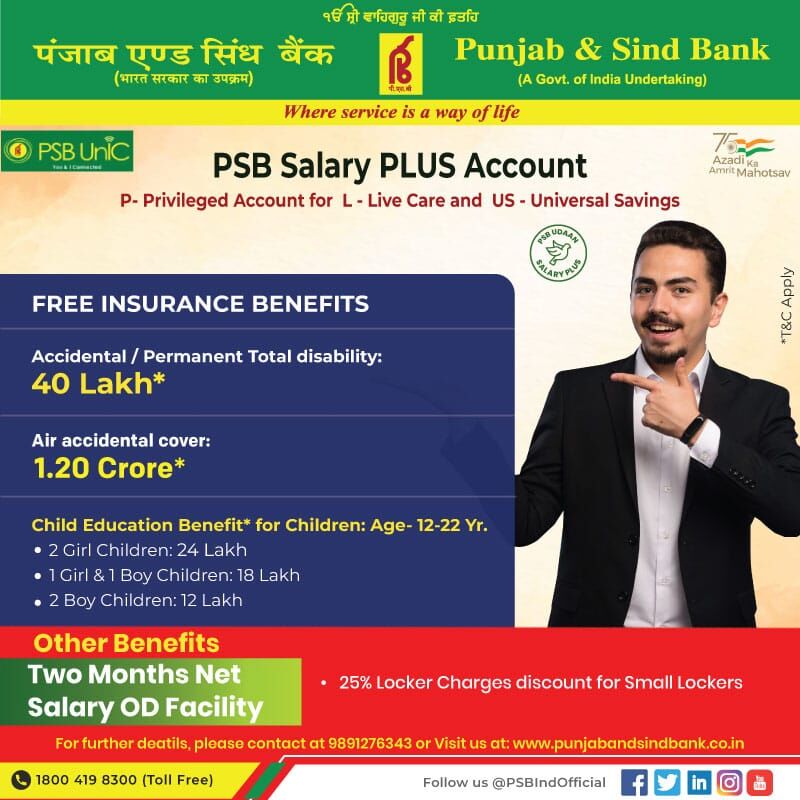 PSBIndOfficial's tweet photo. Why settle for less? Make most of your salary account with PSB Salary PLUS Account which offers unique benefits and services.

#PSB #SalaryPLUSAccount #PSBSalaryAccount #PunjabAndSindBank https://t.co/ZEntTsrhwG