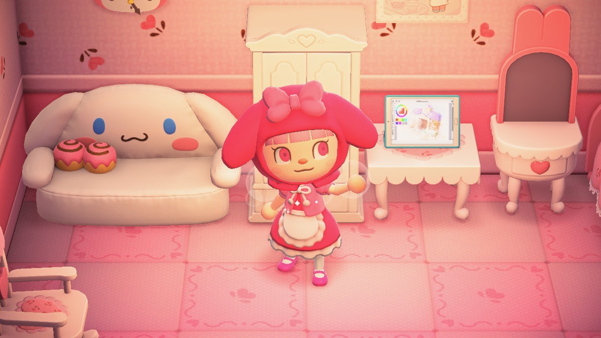 AileenBritanny's tweet photo. Rutina My Melody! Lo primero que hago es despertarme y estirarme un poco                                   despues de eso me peino y cambio! (despues hare la parte 2) #AnimalCrossing #ACNH #NintendoSwitch https://t.co/RmLeKBQjNG