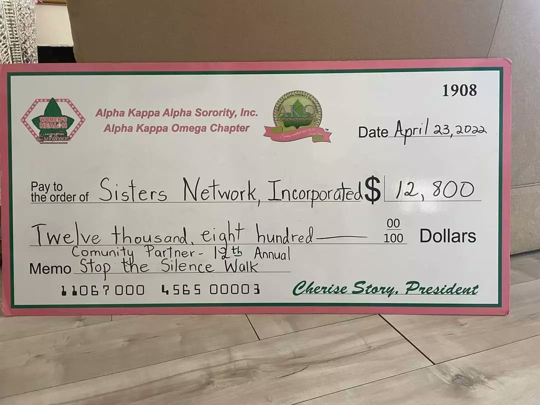 Alpha Kappa Alpha Sorority, Inc.® Alpha Kappa Omega Chapter is proud to support our community partner, Sisters Network Inc., for their annual Stop the Silence Walk. We were named Top Community Partner funder.  #AKA1908 #SoaringWithAKA  #WeAreSouthCentral #AKOmega1928