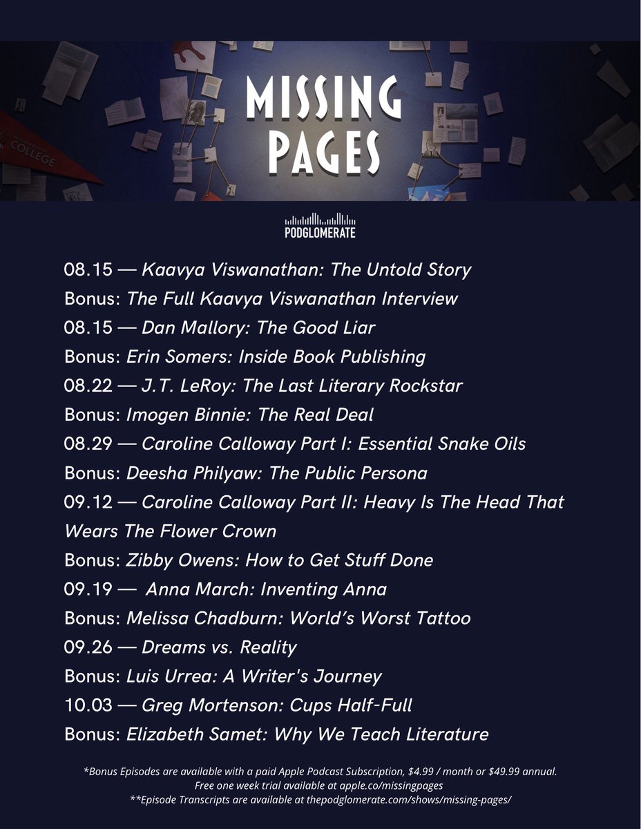 misspagespod's tweet photo. 📜 Season 1 publishing schedule of Missing Pages (w bonus eps). 🗓

Subscribe today for updates.

Who are you looking forward to? Who are we missing?

 https://t.co/O6ykpOfKUa https://t.co/iUZr3L0l7s