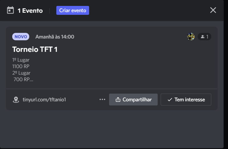 Amanhã. Vou começar a colocar de tft às sextas sabados e domingo e os que precisam de time pra uma vez a cada 15 dias talvez. Depende de quantos se inscreverem 
tinyurl.com/tftanio1