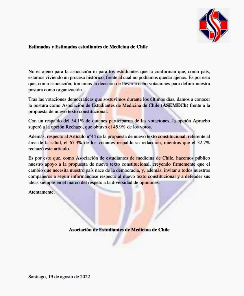 ASEMECH_Oficial's tweet photo. Compartimos comunicados respecto a nuestra postura respecto a la propuesta de texto constitucional.
@colmedchile @ASEMECH_Oficial @asemech_cl #AprueboUnChileMejor https://t.co/gZOYVrAkJy