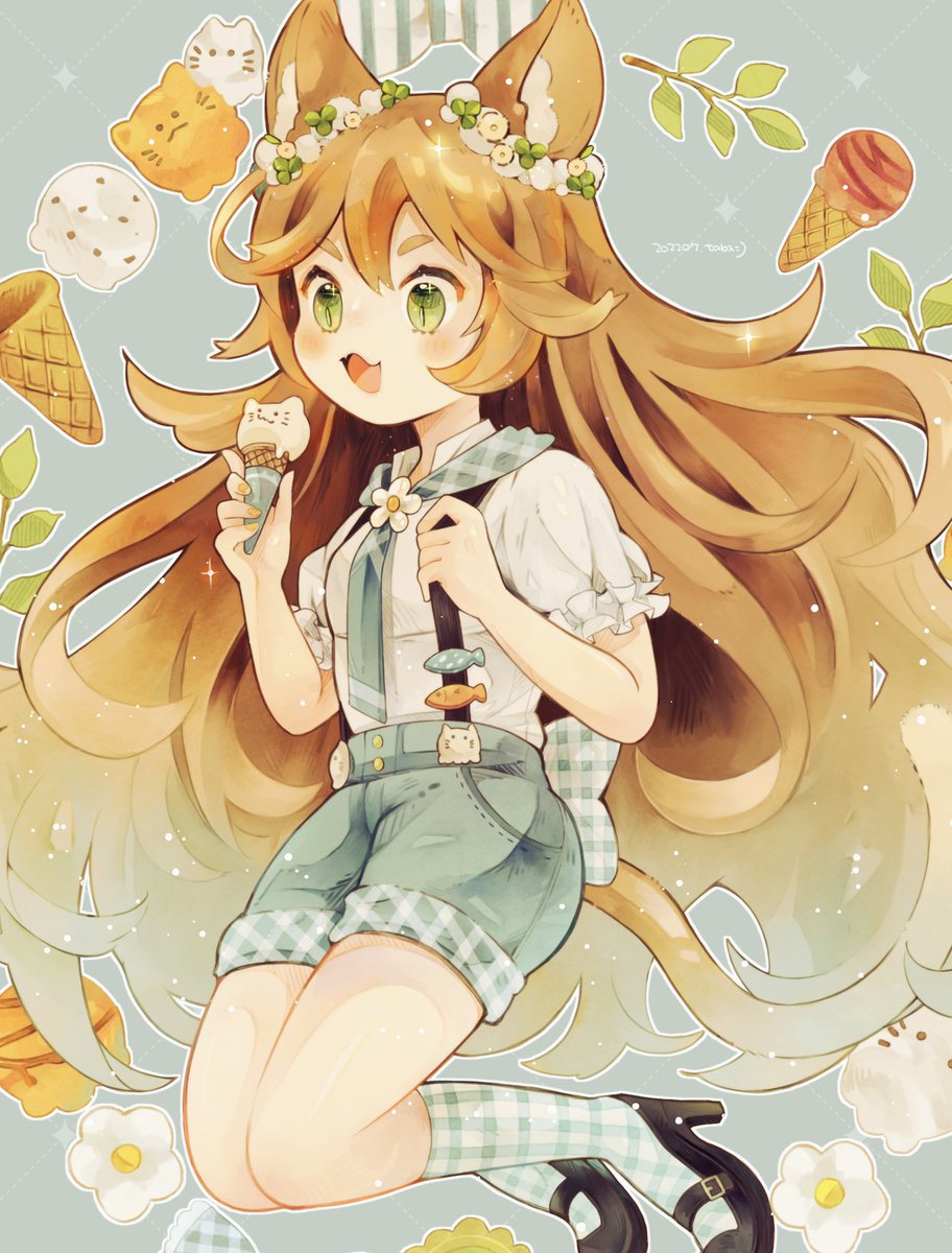 1girl animal ears long hair short sleeves food solo tail  illustration images