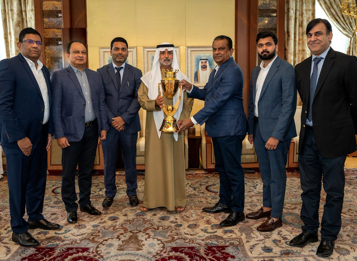 OfficialSLC's tweet photo. The #AsiaCup2022 trophy was unveiled in Abu Dhabi by His Highness, Sheikh Nahayan Mabarak Al Nahayan, Minister of Tolerance and Coexistence and Chairman @EmiratesCricket.

READ: https://t.co/ehXMbKWLos https://t.co/jbKdg30Bh3