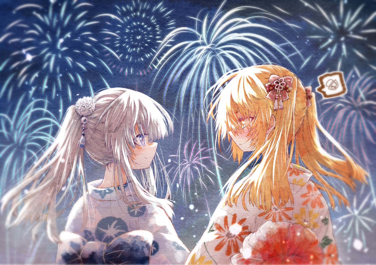 multiple girls japanese clothes 2girls kimono fireworks blonde hair floral print  illustration images