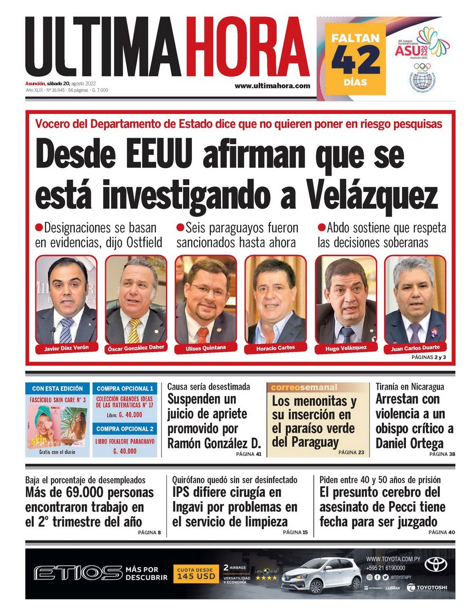 UltimaHoracom's tweet photo. ¡Buenos días! Esta es la portada #UHPy de este sábado con los siguientes títulos principales: https://t.co/GCIc3G4unW