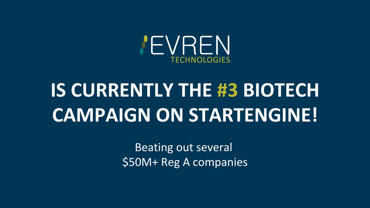 We are proud to announce that Evren is currently the #2 biotech campaign on <a href="/StartEngineLA/">StartEngine</a>,  raising more than $220K! 👀

A big thank you to our investors! 🤝

Learn more by visiting our raise page!

bit.ly/3LqCjfp

#equitycrowdfunding #funding #seedcapital #REGCF