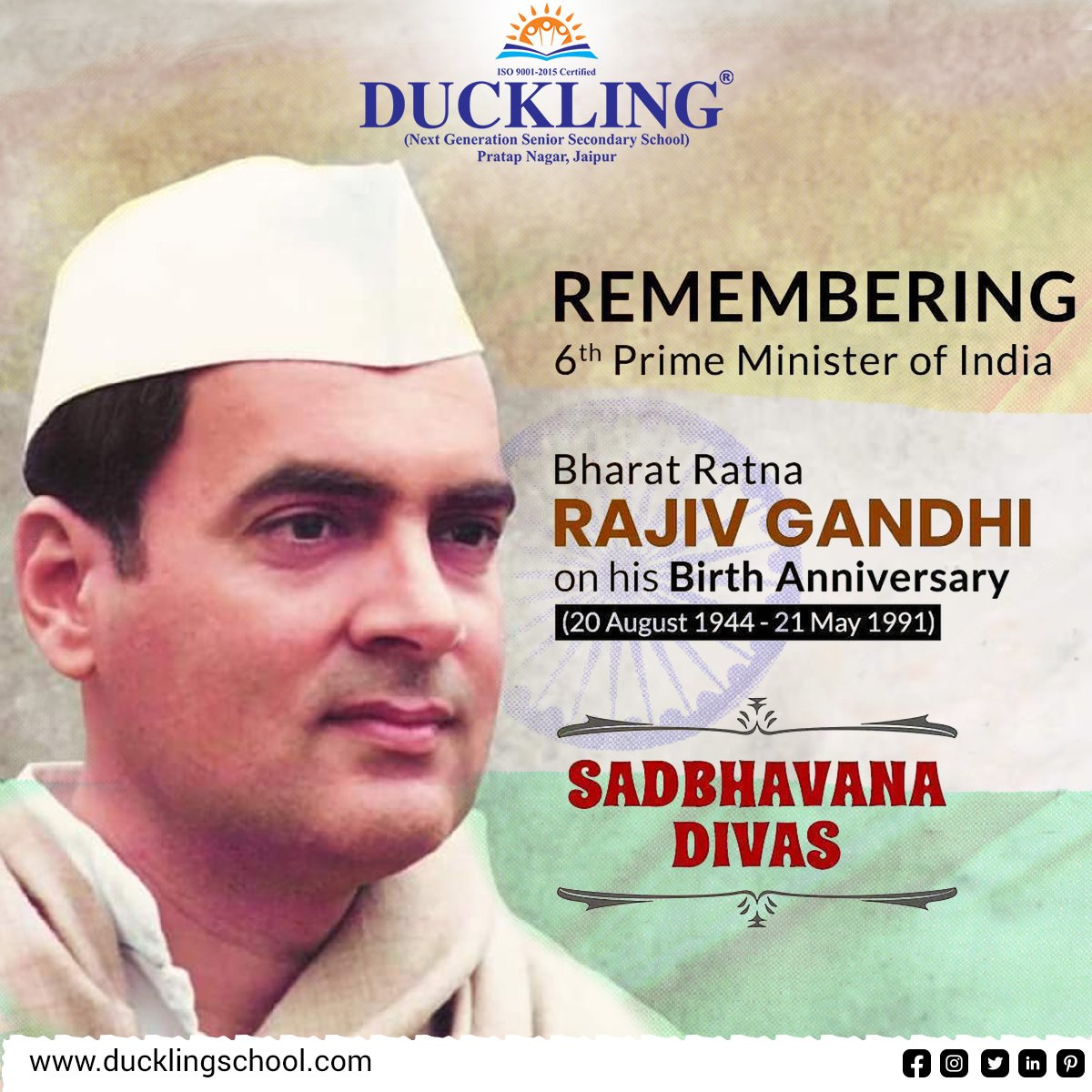 SchoolDuckling's tweet photo. Sadbhavana Diwas means a day dedicated to promotion of social peace and harmony. The day is observed on 20 August - birthday of our former Prime Minister, Shri Rajiv Gandhi - every year commemorating his contribution to society and the nation.

#rajivgandhibirthanniversary https://t.co/NfzeZ79wOY
