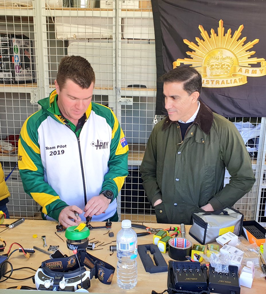 AUADRT's tweet photo. Our Patron @ChiefAusArmy joined us on race day at Oz 🇦🇺 Drone Nationals!
Talking builds and repairs with #FlyingDutch, #Woodsy and #Flaps!
Come on down to ADFA this weekend (free entry)... #SendIt!
@HLCAusArmy @comdforcomd @GroundCuriosity @keirinjoyce https://t.co/QJWJomAnTB