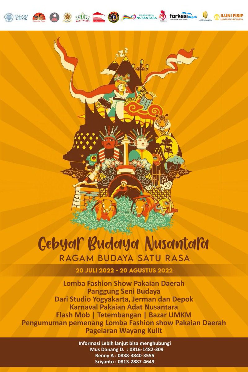 Mohon maaf kepada seluruh pihak yg telah mendukung acara Gebyar Budaya Nusantara. Dlm rangka memperingkati Hari Kemerdekaan NKRI ke 77. Kegiatan terpaksa dibatalkan karena Satgas Covid Kota Depok tdk memberikan rekomendasi. Malam Ini acara akan dilangsungkan secara online🙏🙏